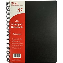 Stat 5 Subject Notebook A4 7mm Ruled 60gsm 250 Page Poly Cover Black Pack 5