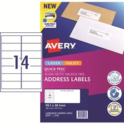 Avery Quick Peel Address Laser & Inkjet Label L7651 99.1x38.1 White 140 Labels, 10 Sheets