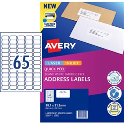 Avery Quick Peel Address Laser & Inkjet Label L7163 38.1x21.2 White 650 Labels, 10 Sheets