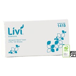 Livi Essentials Interleaved Hand Towell Ultraslim 2Ply 150 Sheet 230x240mm Box of 16