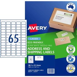 Avery Eco Friendly Labels 1300 Labels Laser Printer 65Up White 38.1 x 21.2 mm