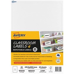 Avery Classroom Labels 20 Labels Laser Printer 1 Up White 199.6 x 289.1 mm