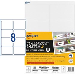 Avery Classroom Labels 160 Labels Laser Inkjet Printer White 99.1 x 67.7 mm 8 Up