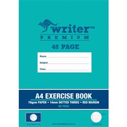 Writer Premium Exercise Book A4 48 Page 14mm Dotted Thirds Red Margin Ball Pk 80