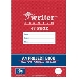 Writer Premium Project Book A4 48 Page Plain/8mm Ruled Red Margin Robot Pk 80