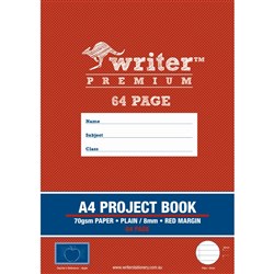 Writer Premium Project Book A4 64 Page Plain/8 mm Ruled Red Margin Apple Pk 80