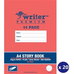 Writer Premium Story Book A4 64 Page 2/3 Plain And 1/3 12mm Solid Ruled w Margin Saw Pk 80