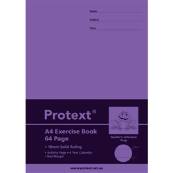 Protext Exercise Book A4 64 Page 18mm Solid Ruled With Margin Frog Pk 80