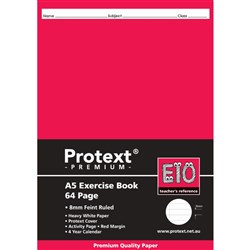 Protext Premium Exercise Book A5 64 Page 8mm Feint Ruled Red Margin E10 Pk 120