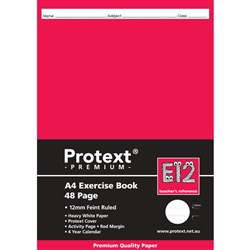 Protext Premium Exercise Book A4 48 Page 12mm Ruled Red Margin E12 Pk 80