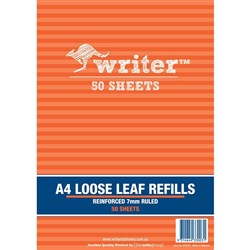 WRITER A4 Loose Leaf Refills Reinforced 7mm Ruled Pk 50