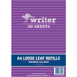 WRITER A4 BINDER REFILLS Reinforced Pk 100 7mm Ruled each