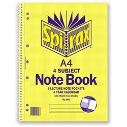 SPIRAX 606 NOTEBOOK 4 SUBJECT A4 320 Page 297x230mm S/O Pack 5