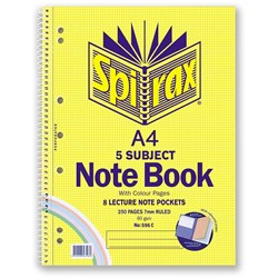 SPIRAX 596C NOTEBOOK 5 SUBJECT Coloured Pg A4 250Pg 297x220mm Pack 5