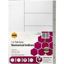 Marbig Plastic Divider A4 Indices 1-5 Grey