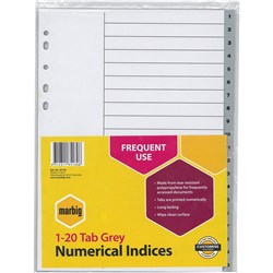Marbig Plastic Divider A4 Indices 1-20 Grey