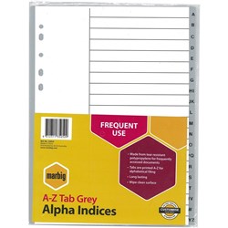 Marbig Plastic Divider A4 Indices A-Z Grey