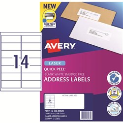 AVERY L7163 MAILING LABELS Laser 14/Sht 99.1x38.1mm BOX 1400
