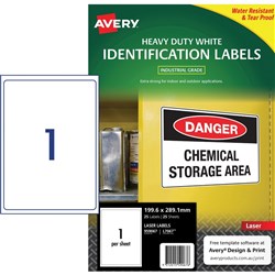 AVERY L7067 DURABLE H/D LABEL Laser 1/Sht 199.6x289.1mm Wht PK 25