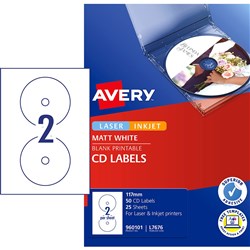 AVERY L7676 MEDIA LASER LABELS B&W CD/DVD 117mm 2/Sht PK 50