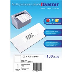 UNISTAT LASER/INKJET LABELS Copier 1/Sht 297x210mm BOX 100