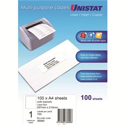 UNISTAT LASER/INKJET LABELS Copier 1/Sht 297x210(Back Slit BOX 100