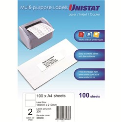 UNISTAT LASER/INKJET LABELS Copier 2/Sht 148x210mm BOX 200