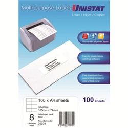 UNISTAT LASER/INKJET LABELS Copier 8/Sht 105x74mm BOX 800