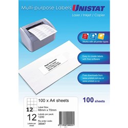 UNISTAT LASER/INKJET LABELS 12/Sht 68x700mm White BOX 1200