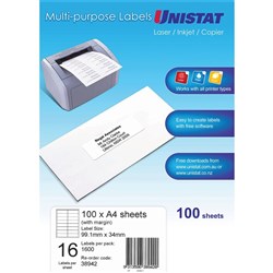 UNISTAT LASER/INKJET LABELS Copier 16/Sht 99x38 (Margin) BOX 1600