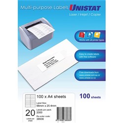 UNISTAT LASER/INKJET LABELS Copier 20/Sht 98x25.4mm BOX 2000