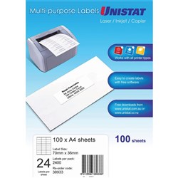 UNISTAT LASER/INKJET LABELS Copier 24/Sht 70x36mm BOX 2400