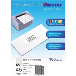 UNISTAT LASER/INKJET LABELS 45/Sht 51x15mm White BOX 4500