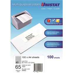 UNISTAT LASER/INKJET LABELS 65/Sht 38.1x21.2mm White BOX 6500