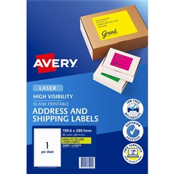 AVERY L7167FY LASER LABELS 1/Sht 199.6x289mm Flouro Yell PK 25