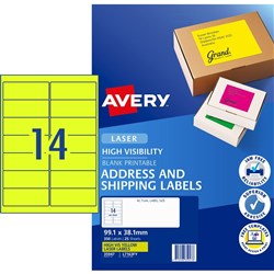 AVERY L7163FY LASER LABELS 14/Sht 99.1x38.1mm Flouro Yell PK 350