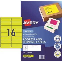 AVERY L7162FY LASER LABELS 16/Sht 99.1x34mm Flouro Yell PK 400