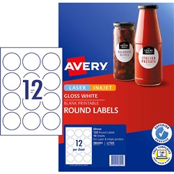 AVERY L7105 WHITE ROUND GLOSS LABEL 12UP 60MMD PACK OF 10