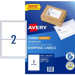 AVERY INTERNET SHIPPING LABELS L7168 2L/P/Sht 199.6x143.5mm Pack of 20 Laser Labels