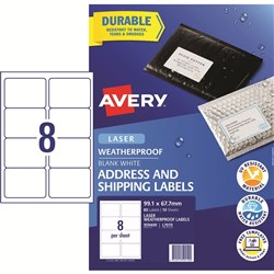 Avery Weatherproof Shipping Laser Labels White L7070 99.1x67mm 8UP 80 Labels