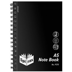 SPIRAX POLYPROPYLENE NOTEBOOK P570 A5 200 Pg Black Side Opening Pack 5