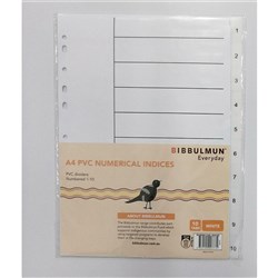 Bibbulmun PVC Divider A4 1-10 Tab Numbered White Pack 50