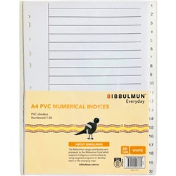 Bibbulmun PVC Divider A4 1-20 Tab Numbered White Pack 50