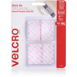 VELCRO® BRAND HOOK & LOOP Tape Stick On 25Mm X 50Mm White Pack of 6